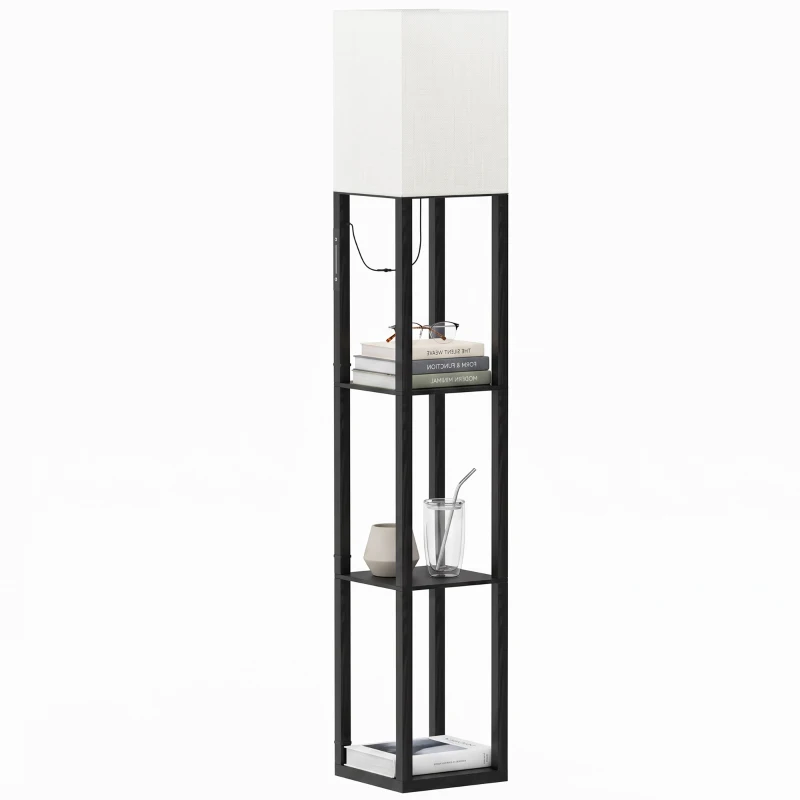HOMCOM Floor Lamp with Shelves, Modern Dimmable Standing Lamp with Fabric Lampshade, Adjustable Colour Temperature, Black