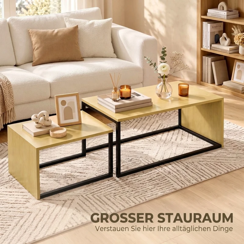 HOMCOM Zestaw 2 stolików kawowych, stolik do kawy, stolik pomocniczy, MDF, metal, 90 x 48 x 42 cm/59 x 42 x 36 cm, drewno naturalne + czarny