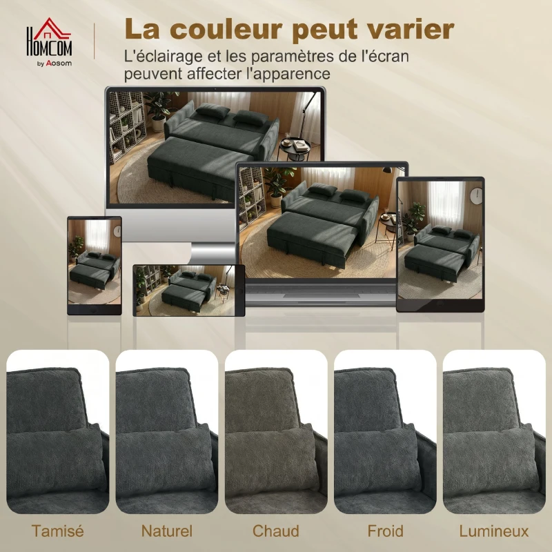 HOMCOM Canapé convertible 2 places 3 en 1, canapé-lit clic clac en chenille avec dossier réglable, porte-gobelets, gris foncé