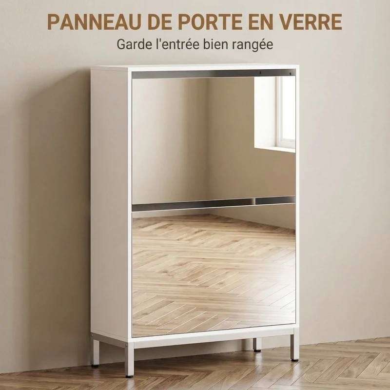 HOMCOM Meuble à Chaussures 12 Paires, Armoire à Chaussures, 2 Tiroirs Rabattables, Portes Miroirs, Blanc