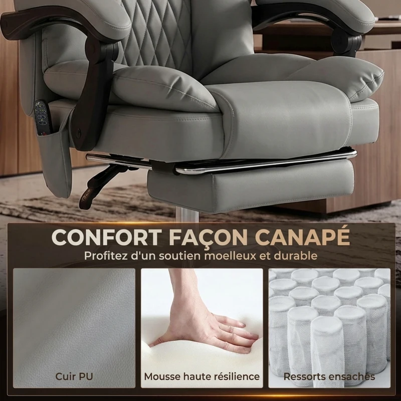HOMCOM Fauteuil de Bureau Massant Vibrant et Chauffant, Chaise Bureau Ergonomique en PU, Dossier Inclinable, Appuie-Tête, Gris