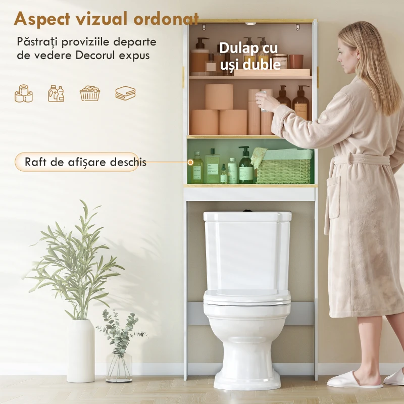 HOMCOM Dulap deasupra WC-ului cu 3 niveluri, economisire spațiu, poliță reglabilă, raft deschis, alb/stejar