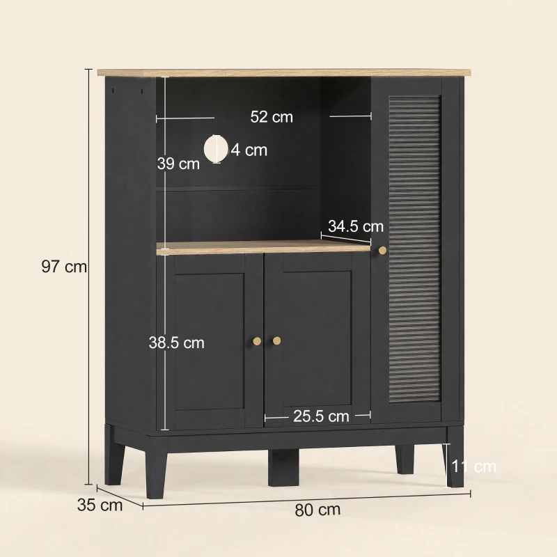HOMCOM Dulap pentru Cuptor cu Microunde cu Dulap Inferior și 3 Rafturi Laterale cu Ușă din Sticlă, din Lemn, 80x35x97 cm, Negru