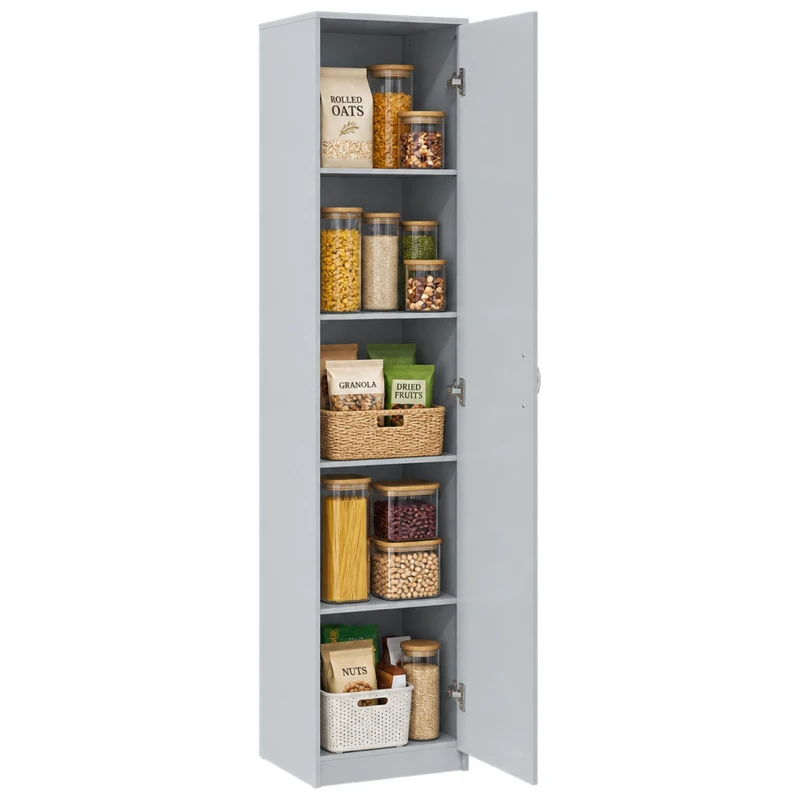 HOMCOM Küchenschrank, 5-Ebenen-Aufbewahrungsschrank, verstellbare Regale, für Wohnzimmer, Küche, Vorratskammer, Holz, Grau