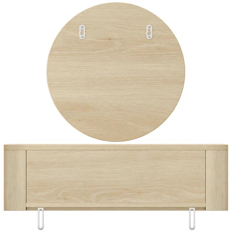 HOMCOM Coiffeuse Murale Moderne avec Miroir Rond et Tiroir Dissimulé, pour Chambre, Petit Espace, 60 x 38 x 18 cm, Chêne