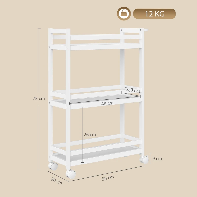 HOMCOM Estantería de Baño de Bambú de 3 Niveles Carrito Auxiliar de Almacenaje con Ruedas 55x20x75 cm Blanco