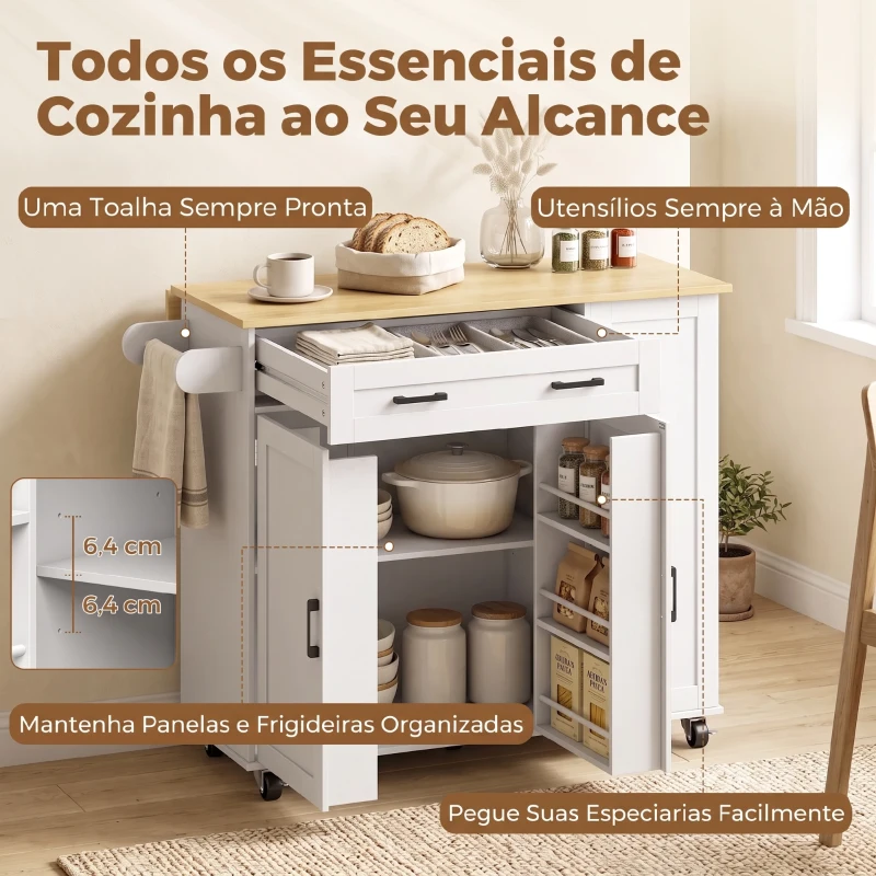 HOMCOM Ilha de Cozinha com Rodas, Tampo Extensível, Estação de Carregamento, Compartimento para Balde, Prateleiras nas Portas, Branco
