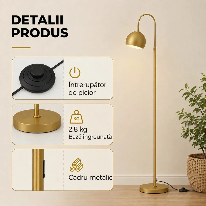 HOMCOM Lampadar modern 40W E27, înălțime reglabilă, abajur orientabil, întrerupător cu pedală, auriu