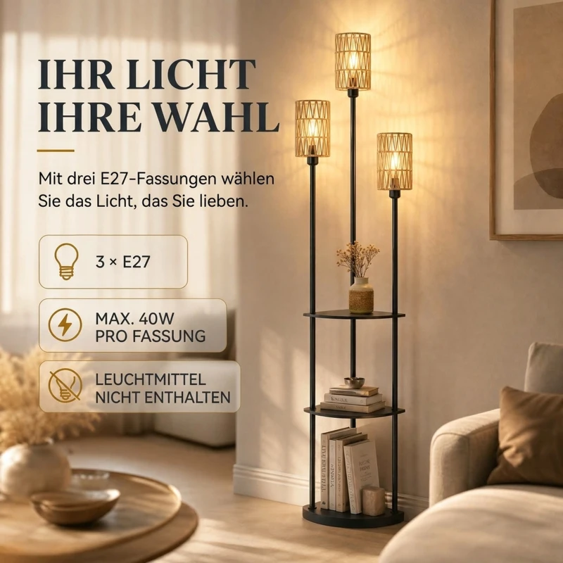 HOMCOM Boho vloerlamp 3-lichts met 3 planken, lampenkap van papieren touw, zwart