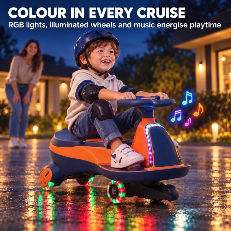 AIYAPLAY 12V Electric Wiggle Car, 2-In-1 Kids Ride On Toy with 2 Speeds, Soft Start, PU Wheels, RGB Lights, Up to 60 kg, Orange