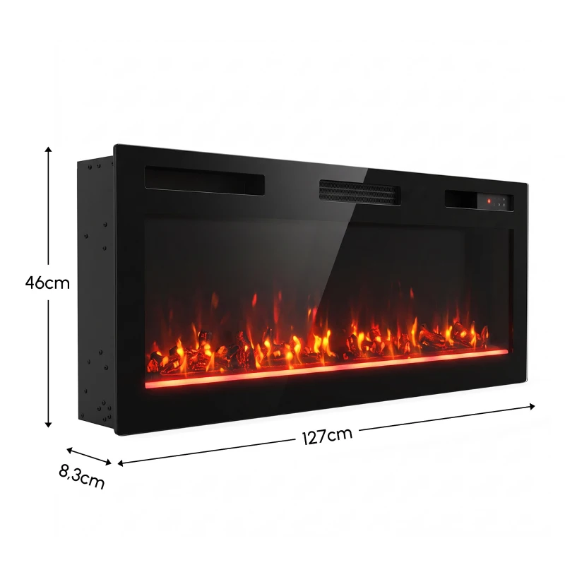 HOMCOM Lareira Elétrica Ultrafina 900/1800 W Encastrável/Mural/De Pé, 12 Cores de Chama 3D, Comando à Distância, até 35 m², Preta