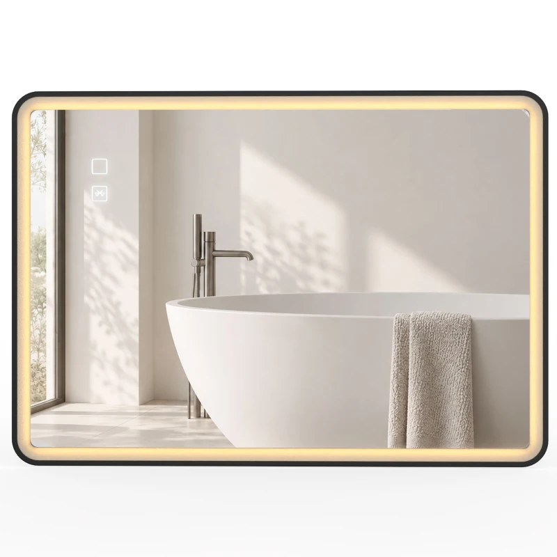 HOMCOM Miroir Salle de Bain Bluetooth avec Éclairage LED 100x70cm, Dimmable 3 Couleurs, Interrupteur Tactile, Anti-Buée, Noir