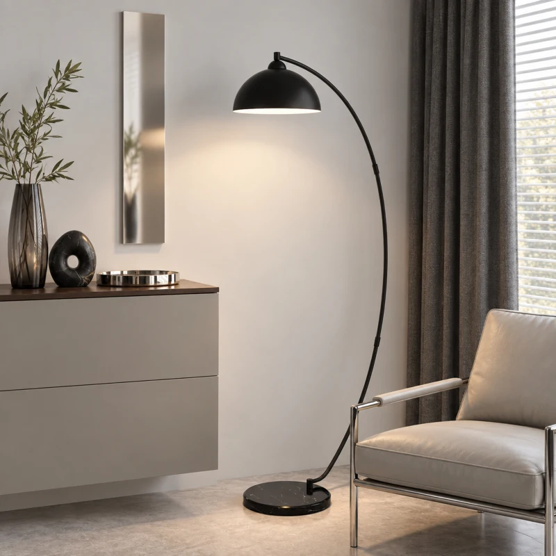 HOMCOM C-förmige Stehlampe, moderne Bogenlampe mit schalenförmigem Reflektorschirm, Fußschalter und Marmorsockel, Schwarz