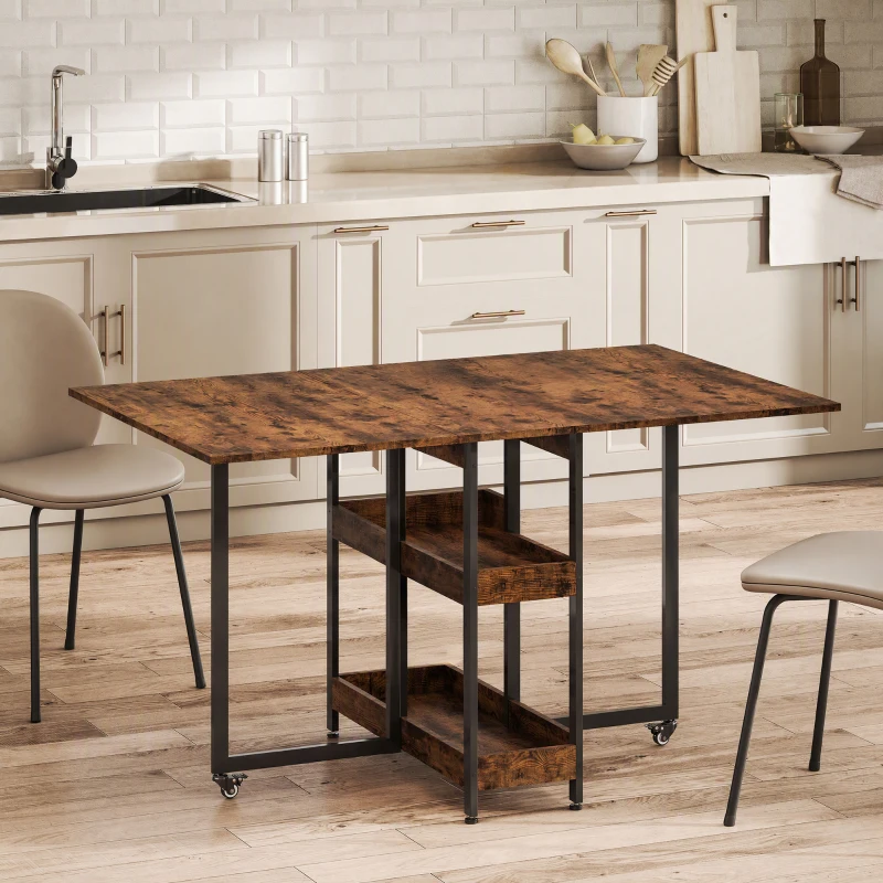HOMCOM Table à manger pliante sur roulettes 4 personnes avec compartiments ouverts, pour petits espaces, salle à manger, marron