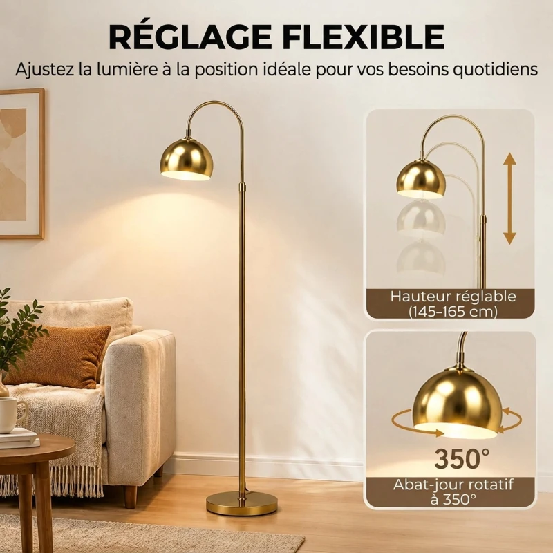 HOMCOM Lampadaire sur Pied Salon, Lampe sur Pied Moderne 40W, Douille E27, Hauteur Réglable, Abat‑jour Orientable, Doré