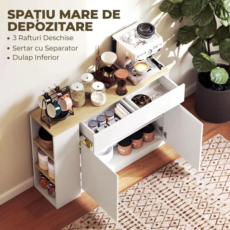 HOMCOM Credență de bucătărie cu 2 uși, raft reglabil, 2 sertare și 3 compartimente deschise, 110 x 29,5 x 82 cm, alb