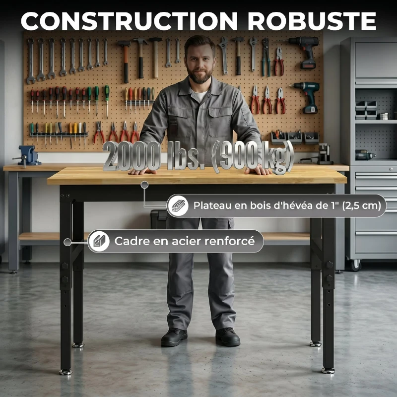 HOMCOM Établi d'Atelier Réglable, 121,9x50,8x79-99cm, Charge 900 kg, 2 Prises et 2 Ports USB, Panneau Perforé, Noir
