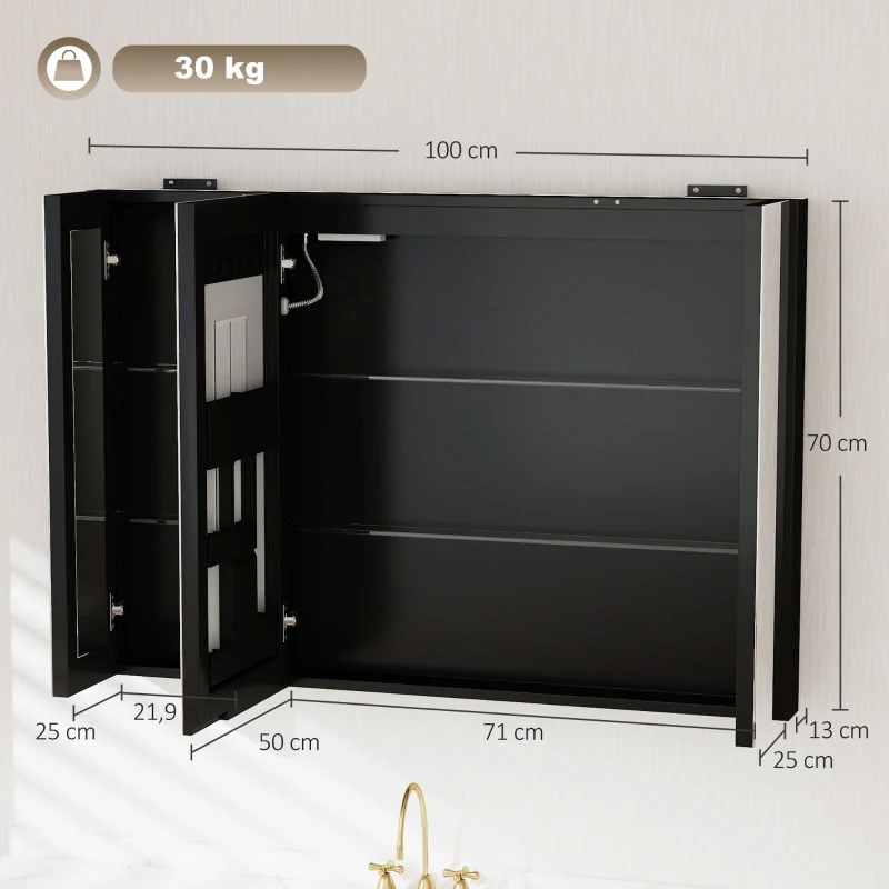 HOMCOM Armario de Baño con Espejo de LED Toma de Corriente 3 Puertas Antivaho Estantes Ajustables de Vidrio Templado Negro