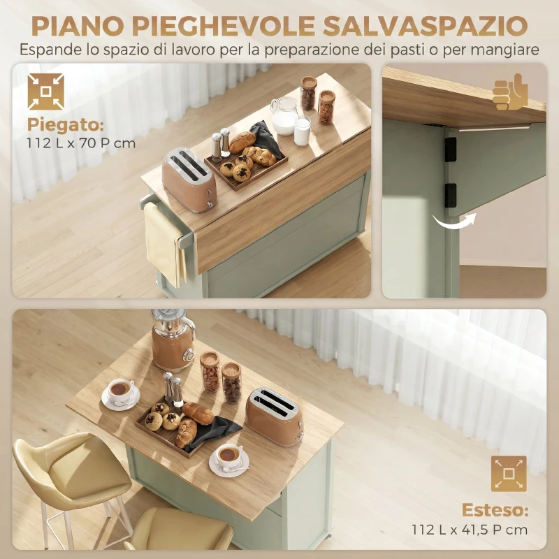 HOMCOM Isola Cucina con Piano Ribaltabile, Carrello Cucina con 5 Ruote, Portaspezie, Ripiani Regolabili, 2 Cassetti, Scomparti Aperti e Portasciugamani, Multiuso per Sala da Pranzo, Verde Chiaro