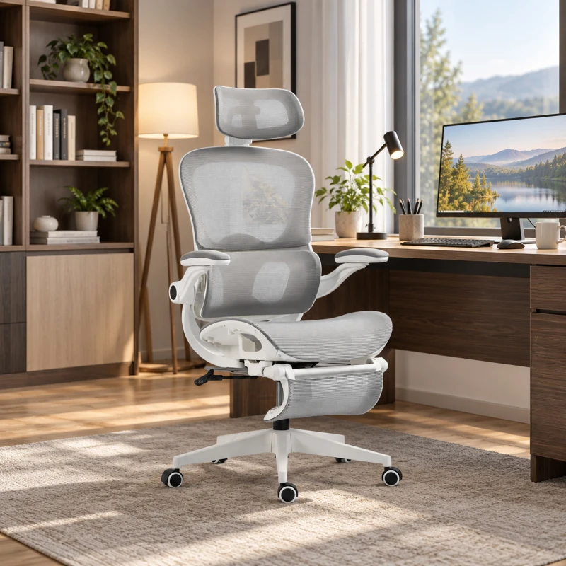 HOMCOM Chaise Bureau Ergonomique Inclinable en Maille, Support Lombaire, Appui-Tête, Accoudoirs Relevables, 62x66x126cm, Gris