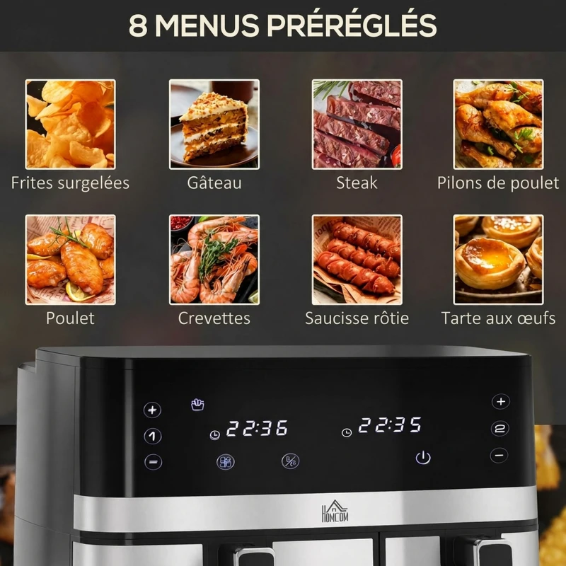 HOMCOM Friteuse à air sans huile, Air Fryer, double compartiment 8,5 L, 2700 W - 8 programmes, température réglable, minuterie