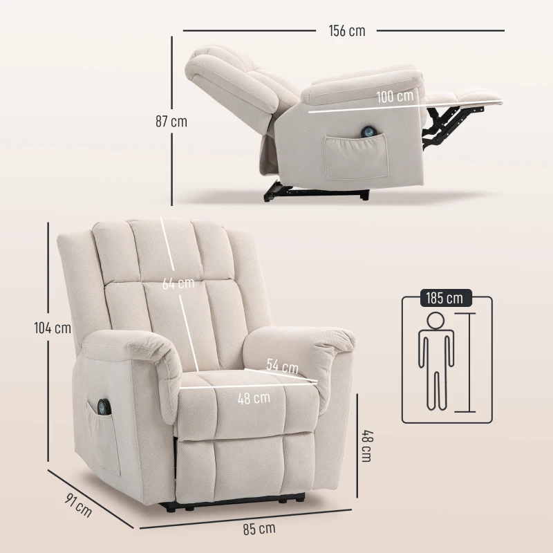 HOMCOM Cadeirão Relax Reclinável com 8 Pontos de Massagem e Calor Lombar, com Apoio para os Pés, Encosto Largo e Bolso Lateral, Bege