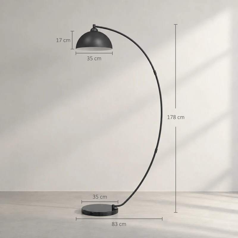 HOMCOM C-förmige Stehlampe, moderne Bogenlampe mit schalenförmigem Reflektorschirm, Fußschalter und Marmorsockel, Schwarz