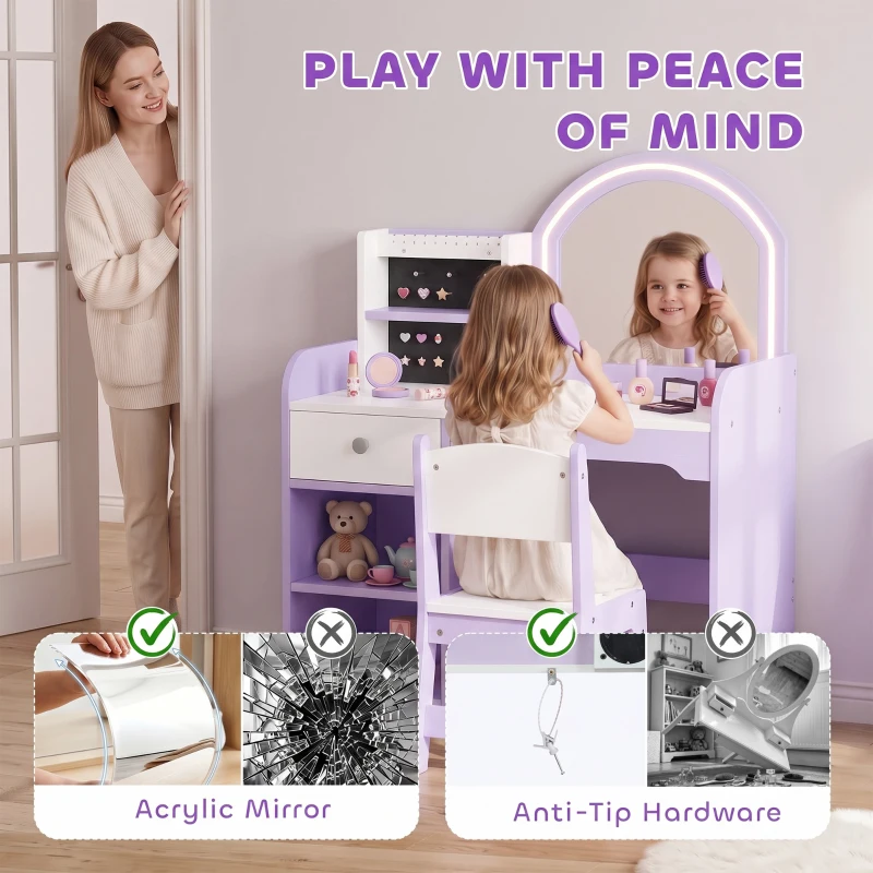 AIYAPLAY Kids Vanity Set, Kids Dressing Table with Stool, 2-Colour Lights Mirror, Pretend Dresser Gift for Ages 3-8, Purple