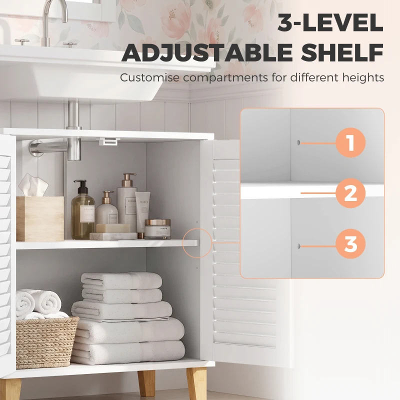 HOMCOM Under Sink Bathroom Cabinet Adjustable Shelf Under Sink Cabinet 2 Louvered Doors, White
