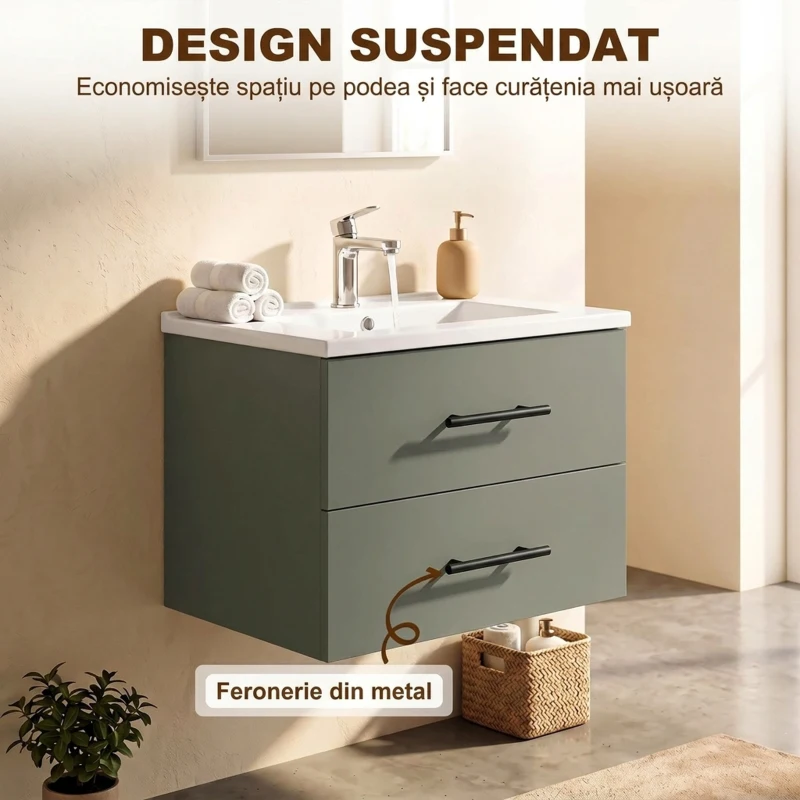 HOMCOM Dulap pentru Baie cu Lavoar din Ceramică, 2 Sertare, 61 x 40 x 48 cm, Verde