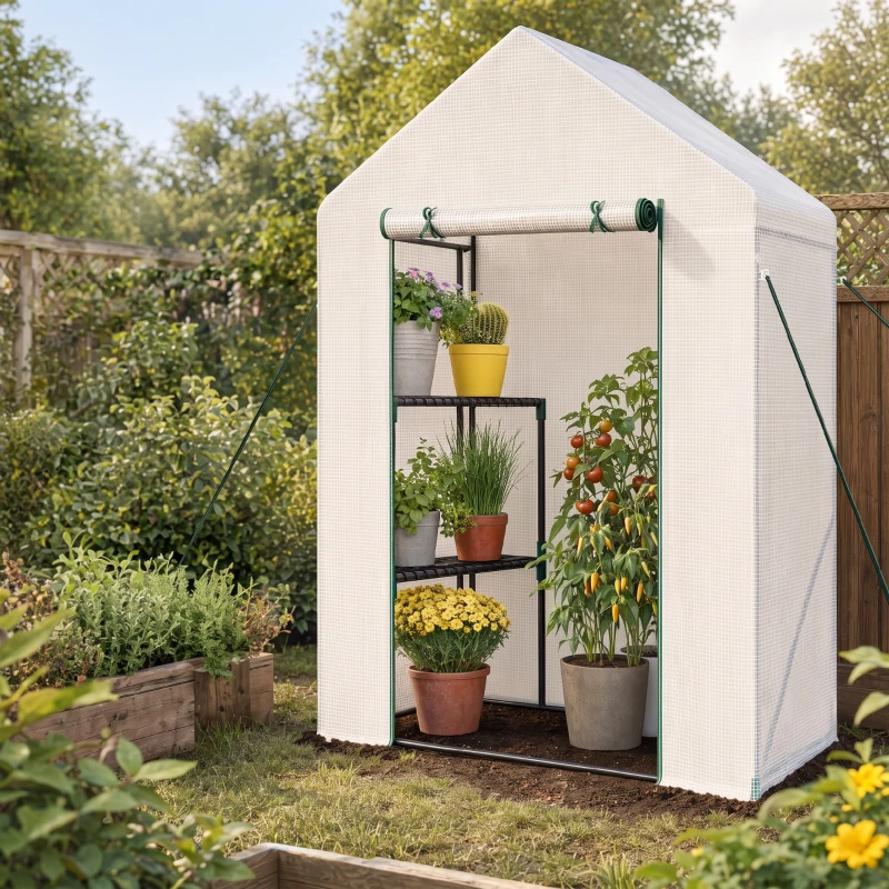 Outsunny Serre de Jardin PE avec Étagères 2 Niveaux, Bâche Renforcée 140 g/m², Porte Zippée Enroulable, 143x73x195cm, Blanc