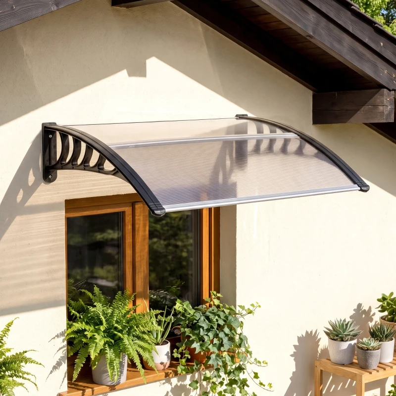 Outsunny Vordach für Haustür/Fenster, wetterfest, transparent, Aluminium-Verbindungstangen/Polycarbonat, 103x96,5x27cm, Schwarz