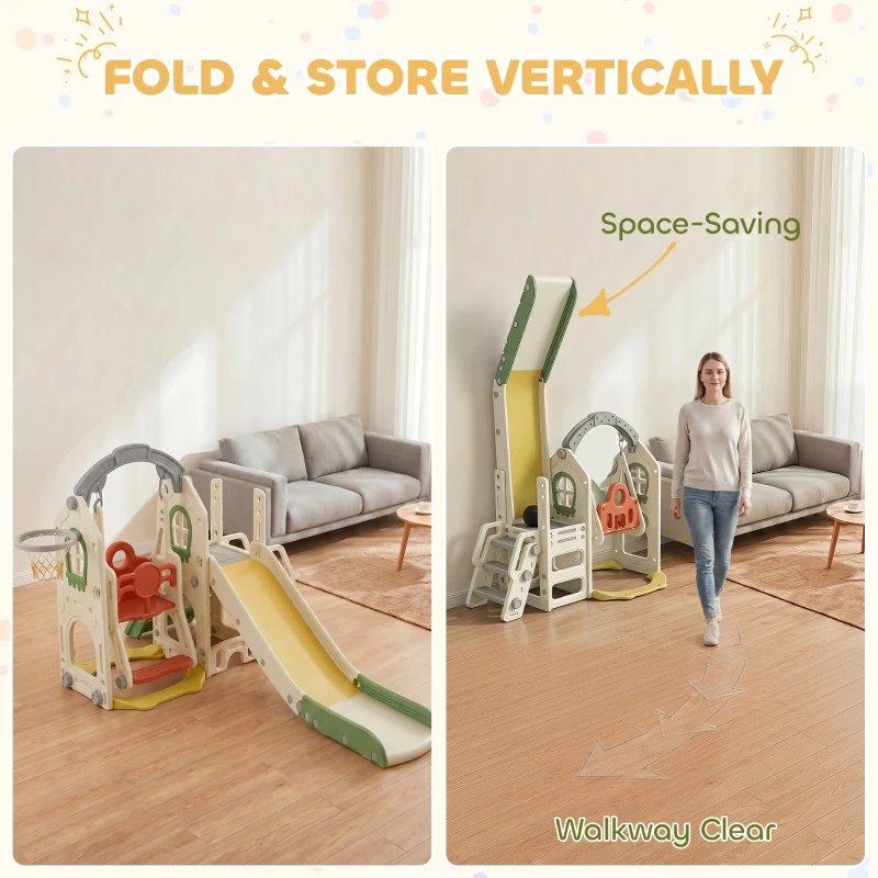 AIYAPLAY Toddler Slide and Swing Set, 6-in-1 Children Activity Centre Playground with Adjustable Swing Seat, Ladder, Cream