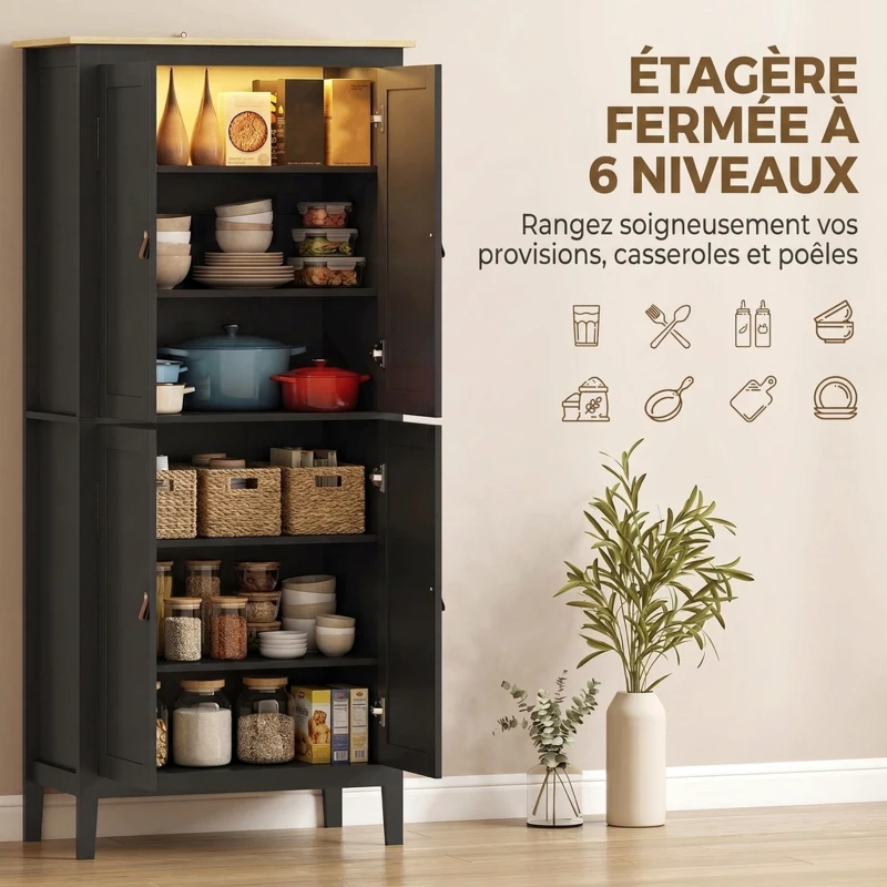 HOMCOM Buffet cuisine, meuble cuisine rangement haut avec LED réglable et détecteur de mouvement, 80 x 40 x 176,5 cm, noir