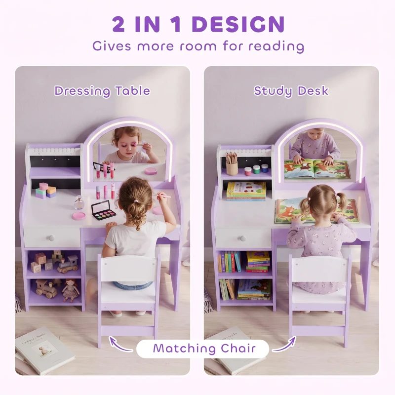 AIYAPLAY Kids Vanity Set, Kids Dressing Table with Stool, 2-Colour Lights Mirror, Pretend Dresser Gift for Ages 3-8, Purple