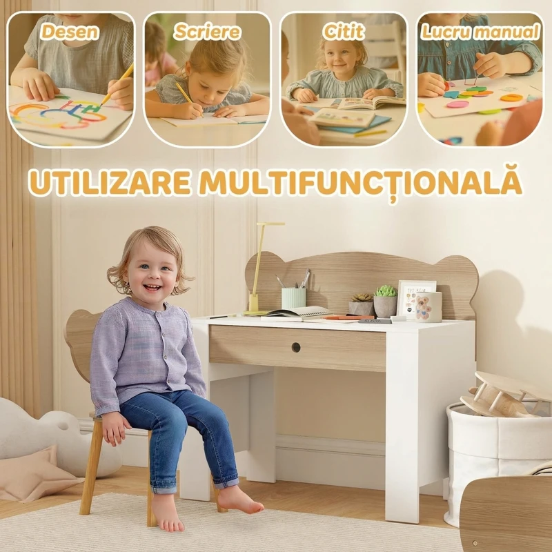 AIYAPLAY Set birou pentru copii cu sertar și scaun cu spătar ursuleț, 3-8 ani, culoare lemn