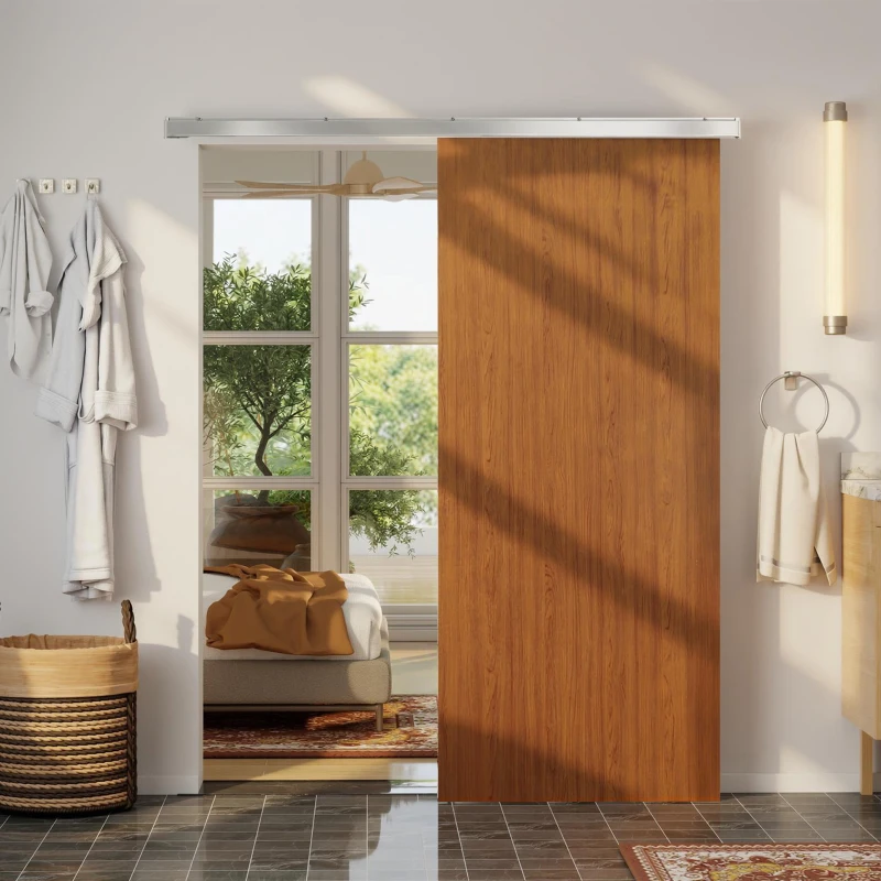 HOMCOM Porte Coulissante 90 x 210 cm Porte avec Kit de Quincaillerie Moderne Rail Silencieux Surface en PVC Imperméable Marron
