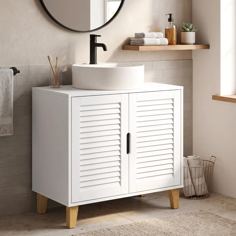 HOMCOM Under Sink Bathroom Cabinet Adjustable Shelf Under Sink Cabinet 2 Louvered Doors, White