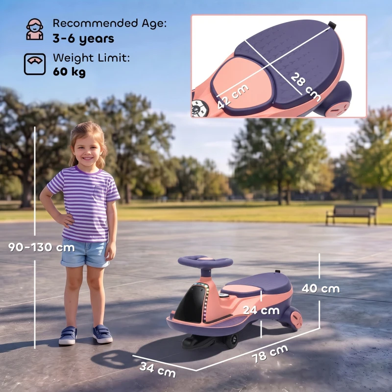 AIYAPLAY 12V Electric Wiggle Car, 2-In-1 Kids Ride On Toy with 2 Speeds, Soft Start, PU Wheels, RGB Lights, Up to 60 kg, Pink