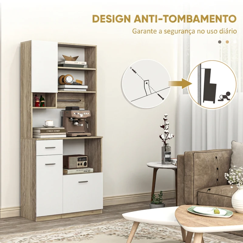HOMCOM Armário de Cozinha Alto com 3 Portas, 9 Prateleiras, Gaveta e Prateleiras Ajustáveis, Estilo Moderno, 80x35x180 cm, Branco e Carvalho