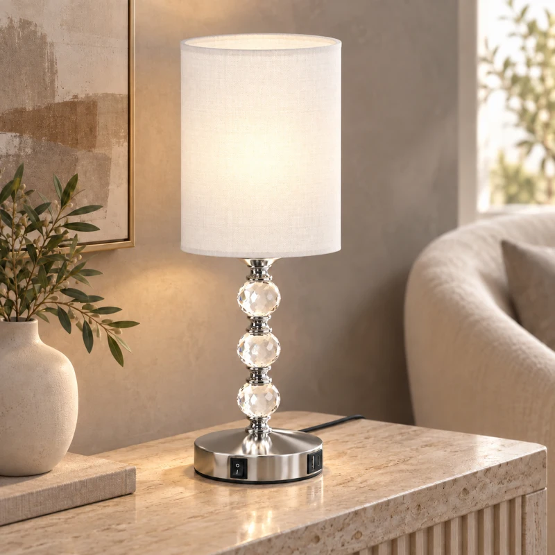 HOMCOM Bedside Lamp, Modern Crystal Decoration Table Lamp w/ PVC shade, USB A+C Charging Ports, Bulb Not Included, Silver Tone