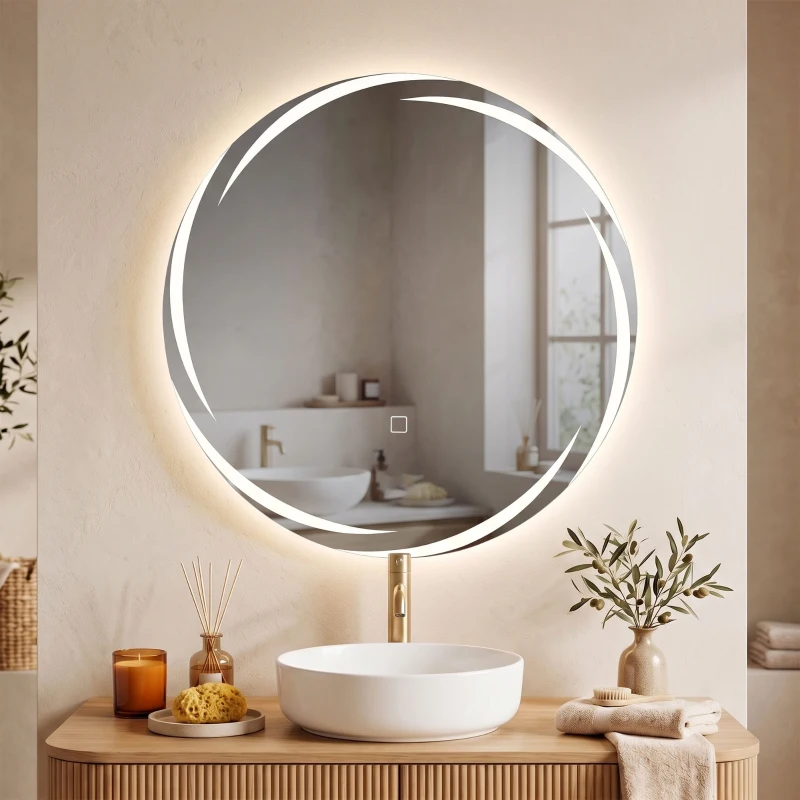 HOMCOM Espelho Redondo LED para Casa de Banho 60x60 cm de Parede com Antiembaciamento Memória 3 Temperaturas de Cor e Brilho Regulável
