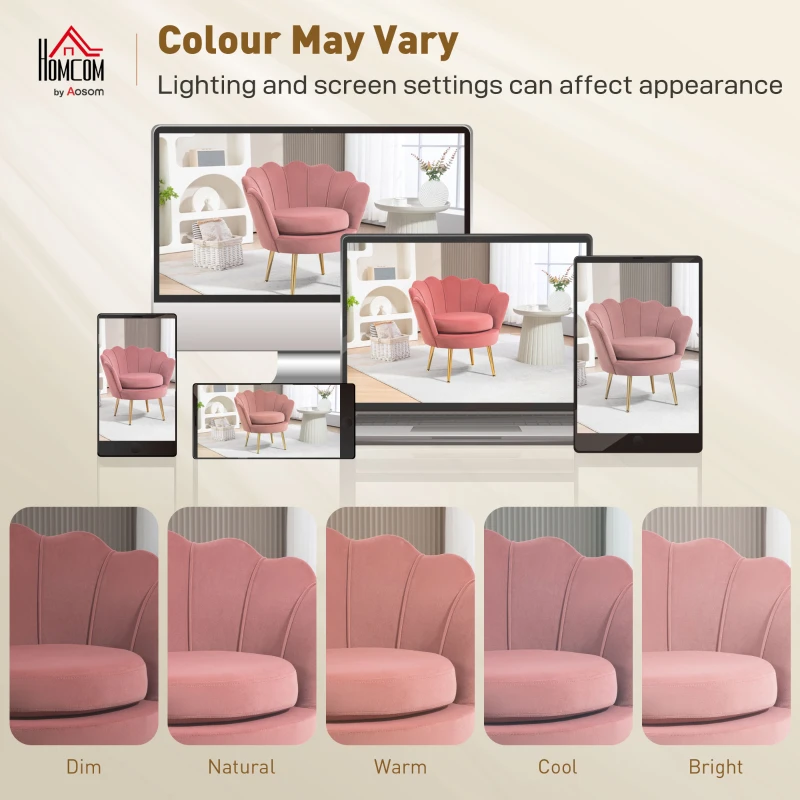 HOMCOM Poltrona de Sala Estofada em Veludo com Encosto em Forma de Concha e Pernas Douradas 76x67x74 cm Rosa