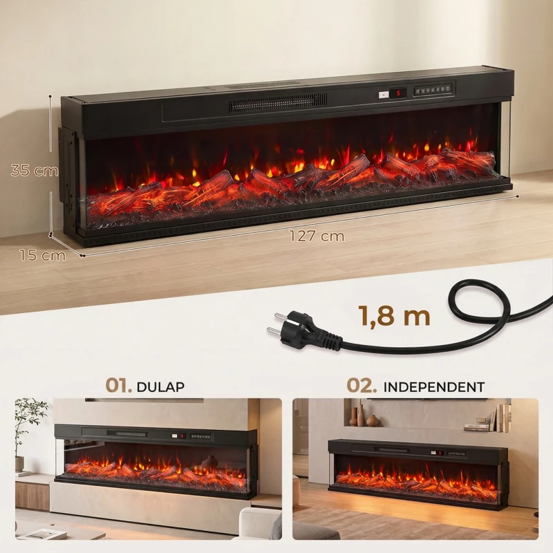 HOMCOM Șemineu electric de podea/încorporabil, pe 3 laturi, cu telecomandă, 750/1500 W, efect flacără 3D, 12 culori, 5 niveluri de luminozitate