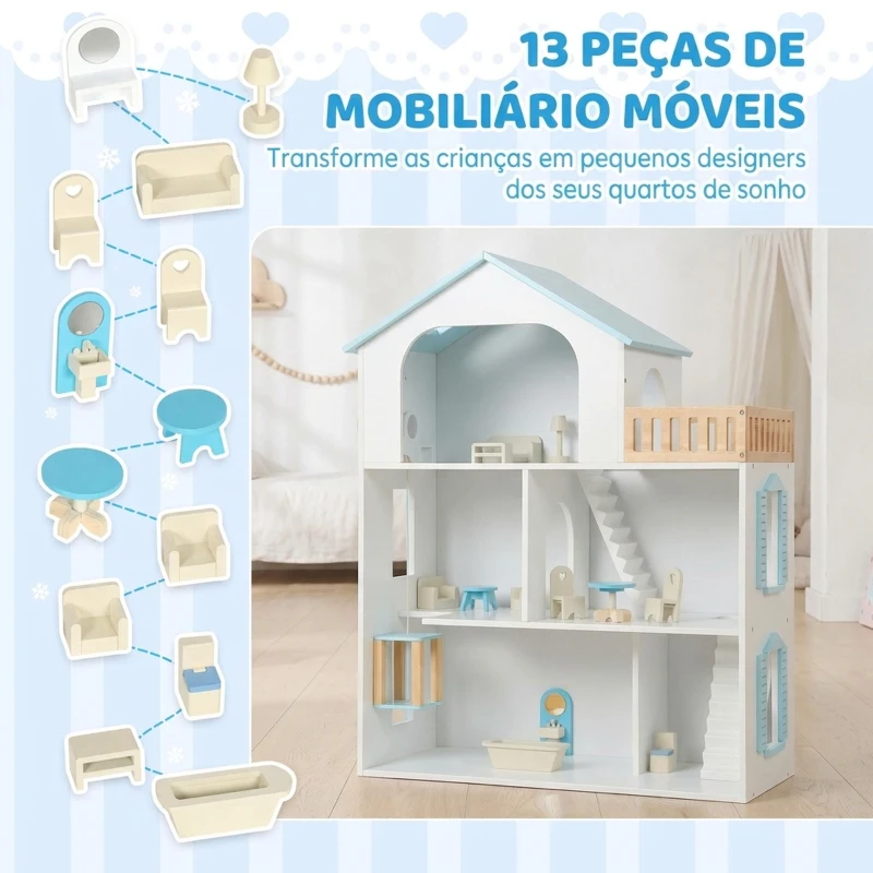 AIYAPLAY Casa de Bonecas de Madeira com 3 Pisos Elevador e Varanda 5 Divisões e 13 Móveis para Crianças dos 3 aos 6 Anos Azul