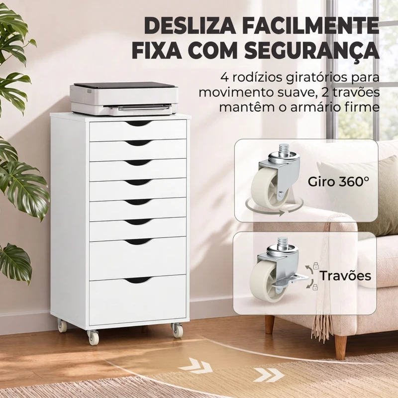 HOMCOM Bloco de Gavetas com 8 Gavetas e Rodas, Gaveteiro de Escritório, Suporte para Impressora, Branco