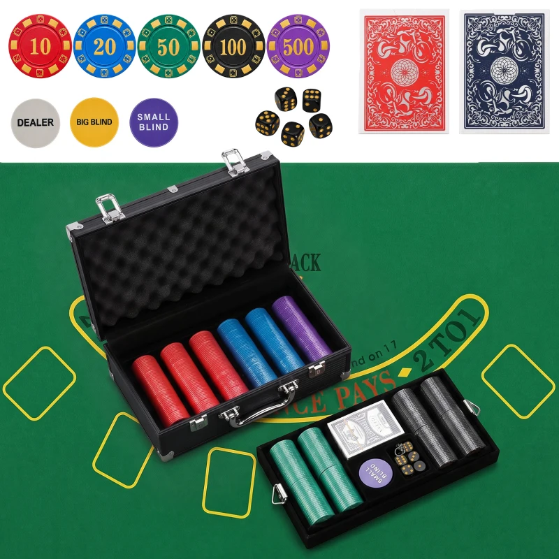SPORTNOW Mallette de Poker 500 Jetons 5 Valeurs, 2 Jeux de Cartes, Tapis de Jeu, Bouton Dealer, Blind, Alu, 31x17x11,5cm, Noir