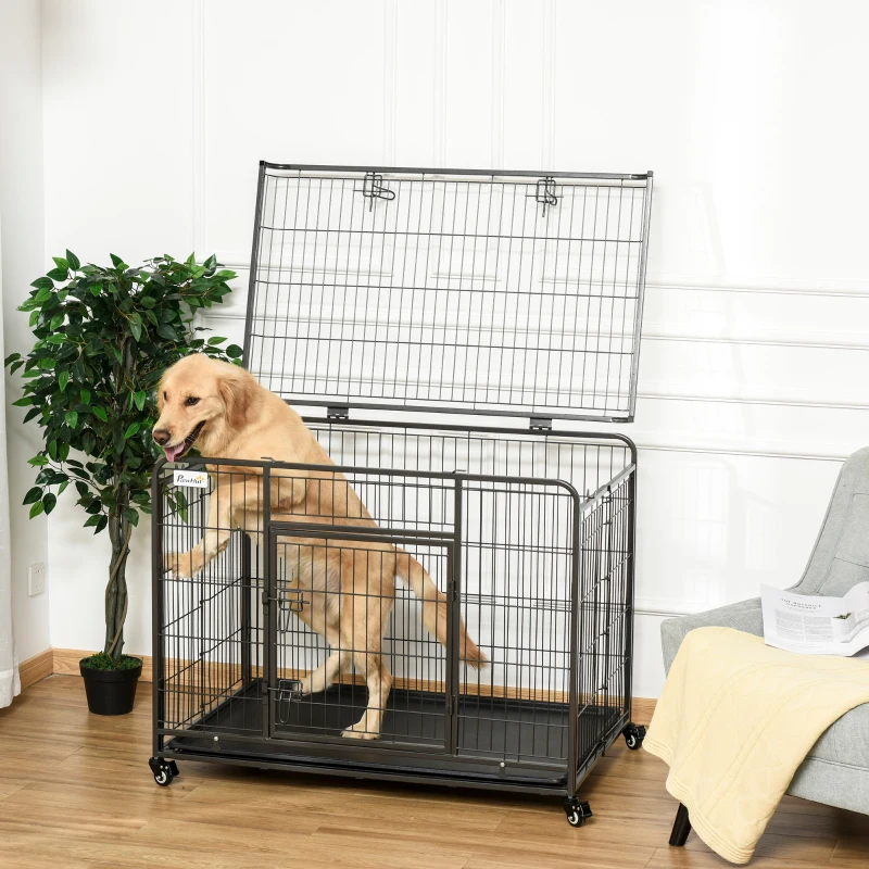 PawHut Metal Dog Cage Kennel Locking Door & Wheels Removable Tray Openable Top For Large Pets 109.5 x 71 x 78 cm