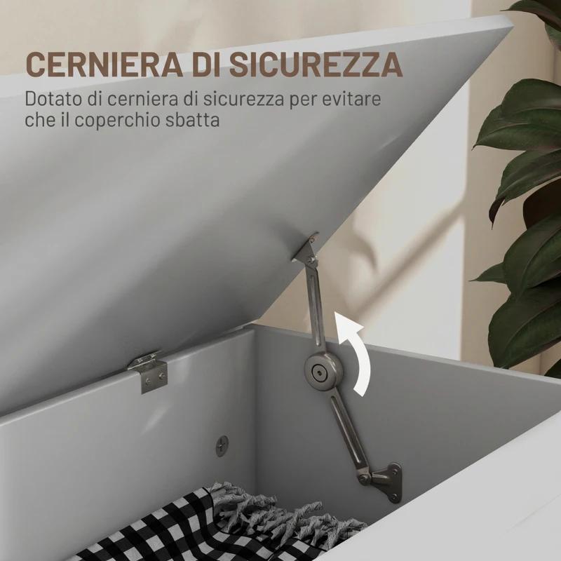 HOMCOM Cassapanca Contenitore da Interno 96L con Cerniere di Sicurezza, Baule Contenitore per Soggiorno e Ingresso, 80x40x45 cm, Bianco Effetto Legno