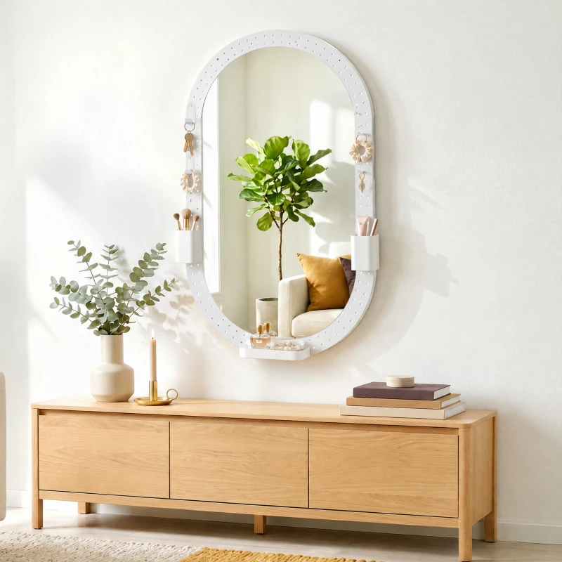 HOMCOM Espelho de Parede Decorativo com Painel Perfurado 90 x 60 cm para Sala e Quarto, Branco